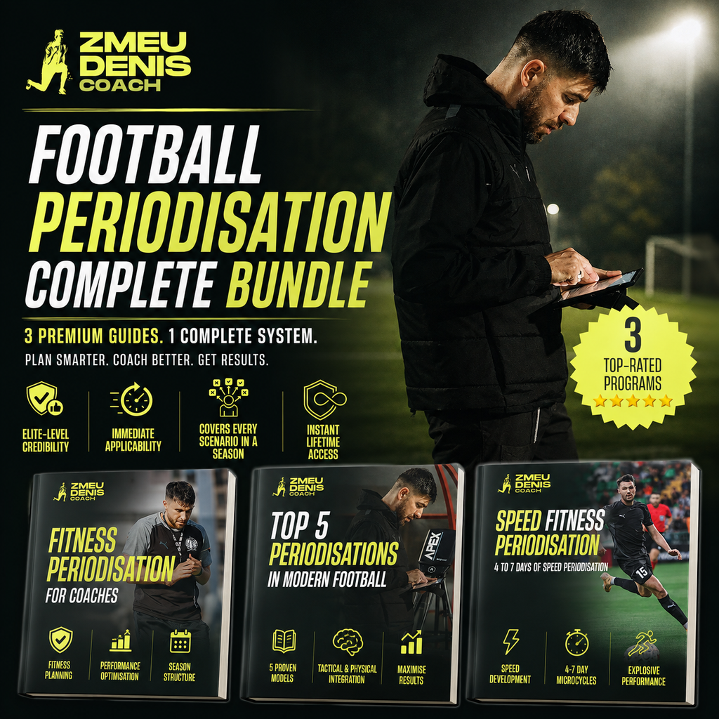 Football Periodisation Complete Bundle featuring four premium soccer coaching PDF guides for weekly planning, speed development, football fitness and modern coaching methodology.