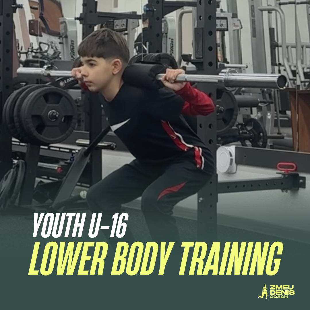 U-16 youth soccer player performing lower body training exercise on the pitch
